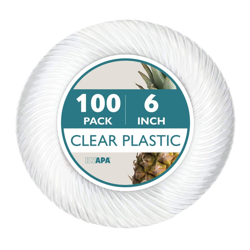 Ilyapa 100 Pack 6 Inch Disposable Dessert Plates, Plastic Clear Party Plate Sets for 100 Guests, Clear Appetizer and Cake Plates 6", Party & Dinner Accessories, Round Smooth - Image 1